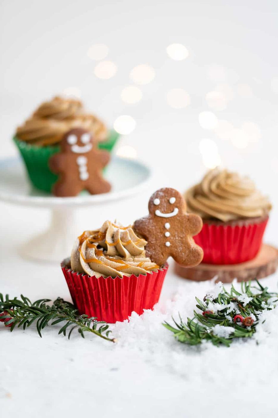 three gingerbread men cupcakes