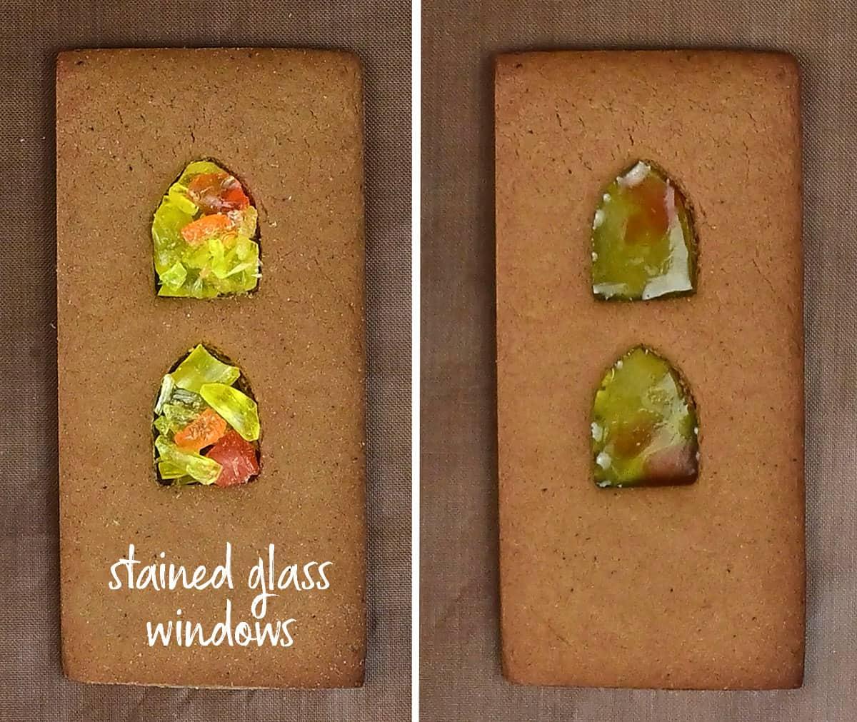 Collage showing how to make stained glass windows using candy