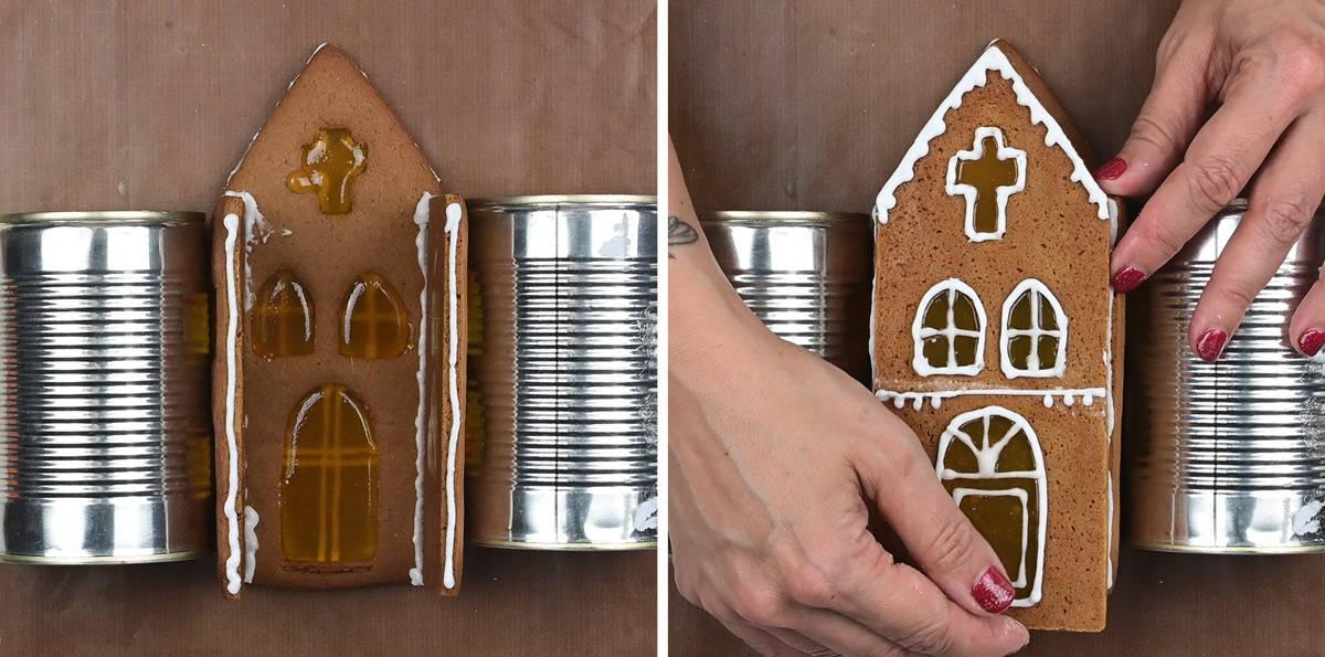 collage showing how to construct a gingerbread house