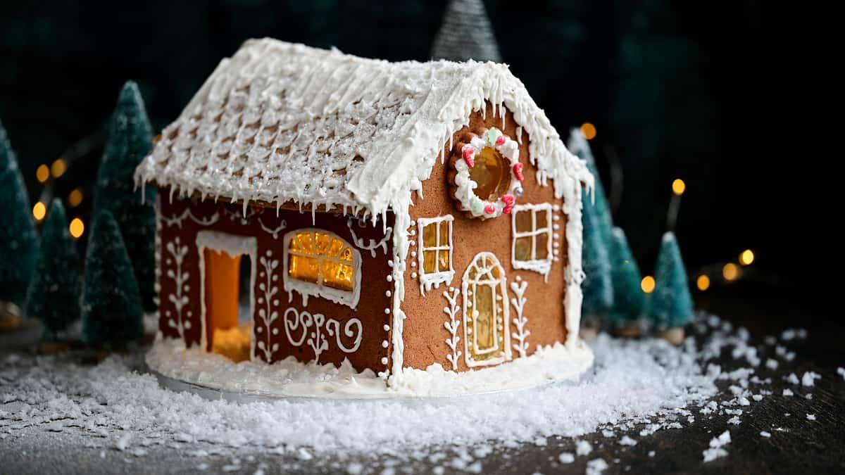 Large illuminated homemade gingerbread house