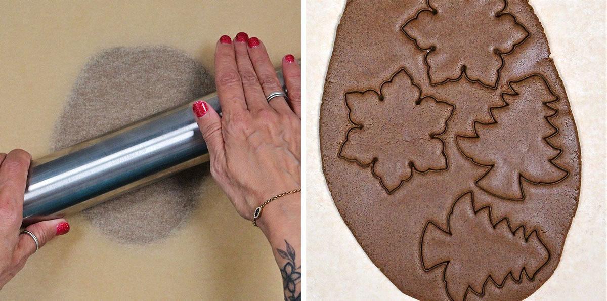 Split image: On the left, hands with red nail polish roll out salt dough with a metal rolling pin. On the right, rolled chocolate dough with snowflake and tree shapes cut out.