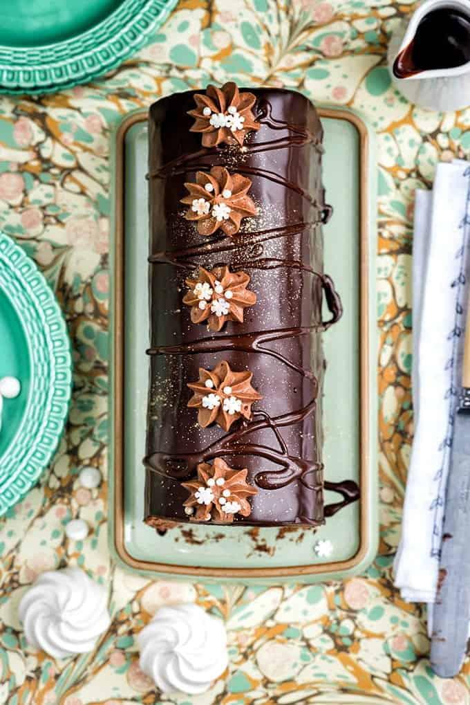 Gingerbread Yule log with spiced chocolate filling and chocolate mirror glaze