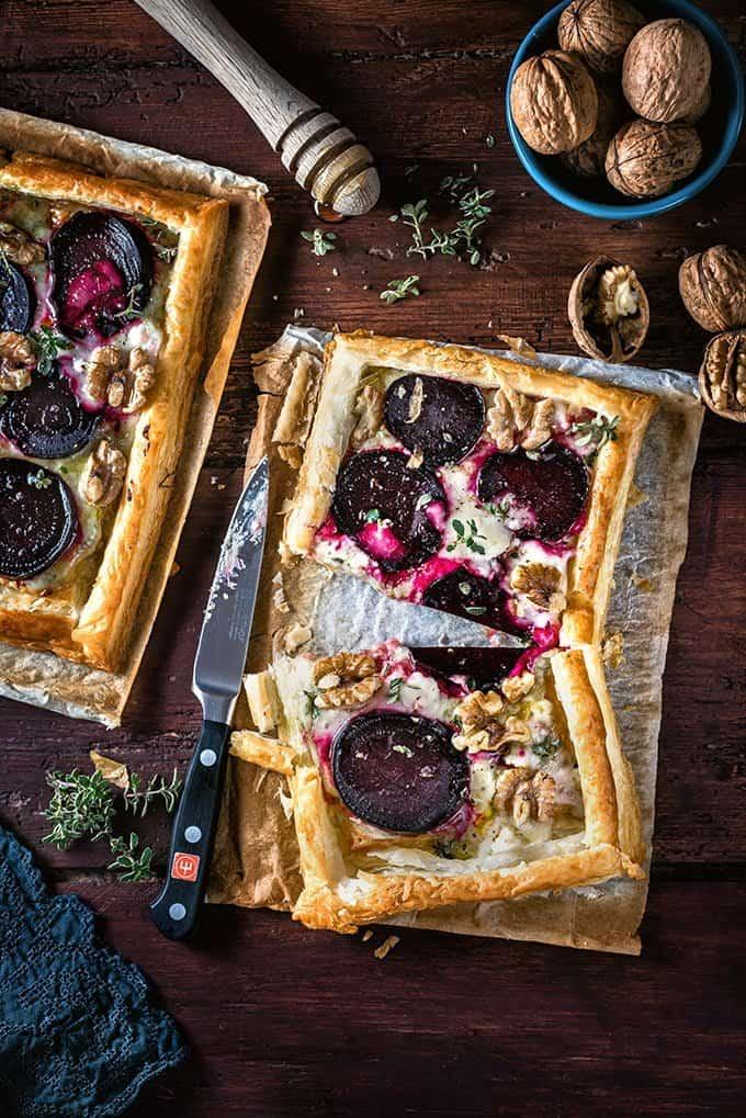This super-easy goat's cheese and beetroot puff pastry tart makes a great vegetarian starter or light lunch.