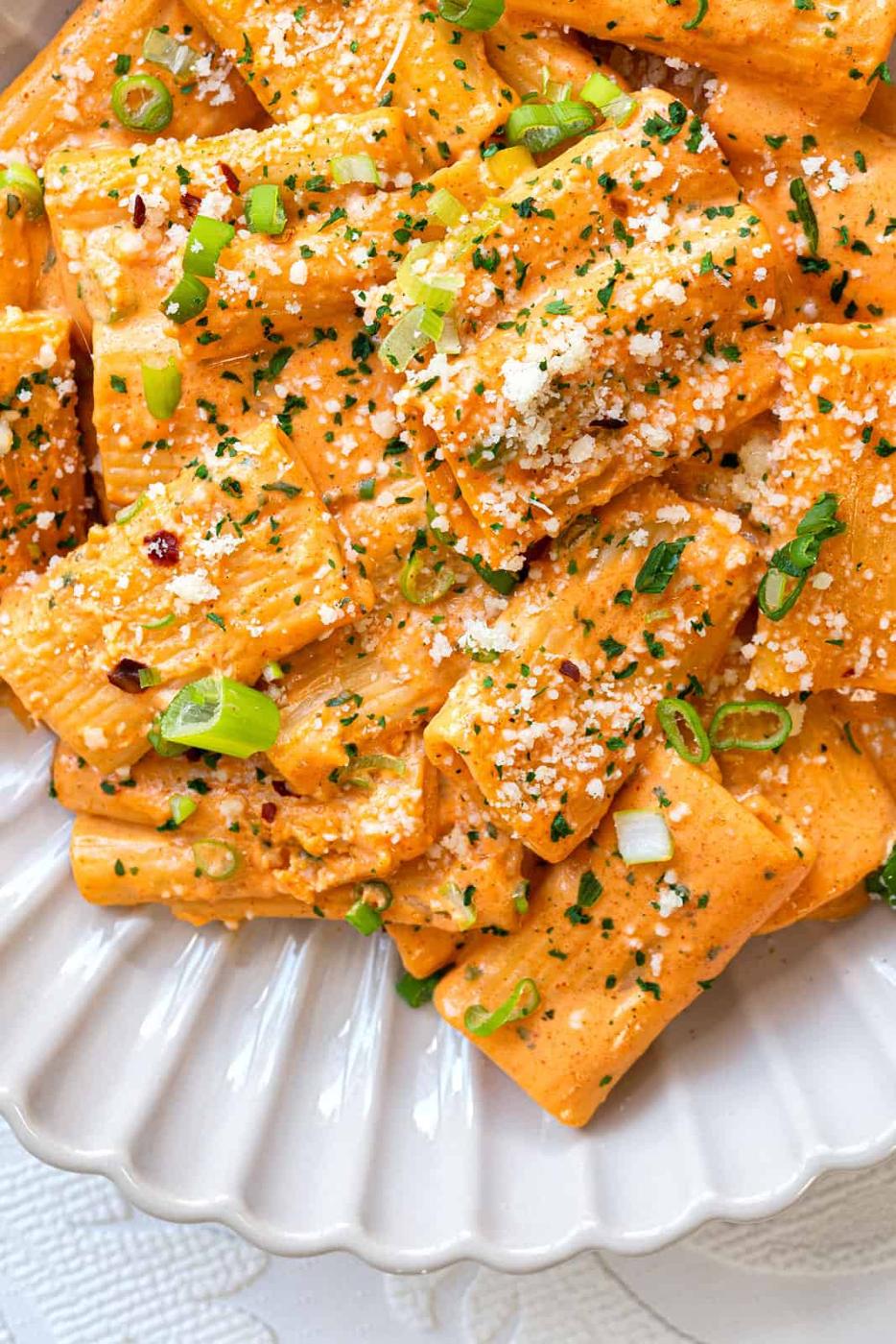 Gochujang pasta served in a bowl
