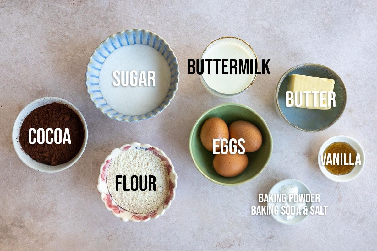 Top view of baking ingredients on a light textured surface: bowls containing cocoa, sugar, flour, buttermilk, three eggs, butter, and vanilla. Small bowl with baking powder, baking soda, and salt. Each ingredient is labeled.