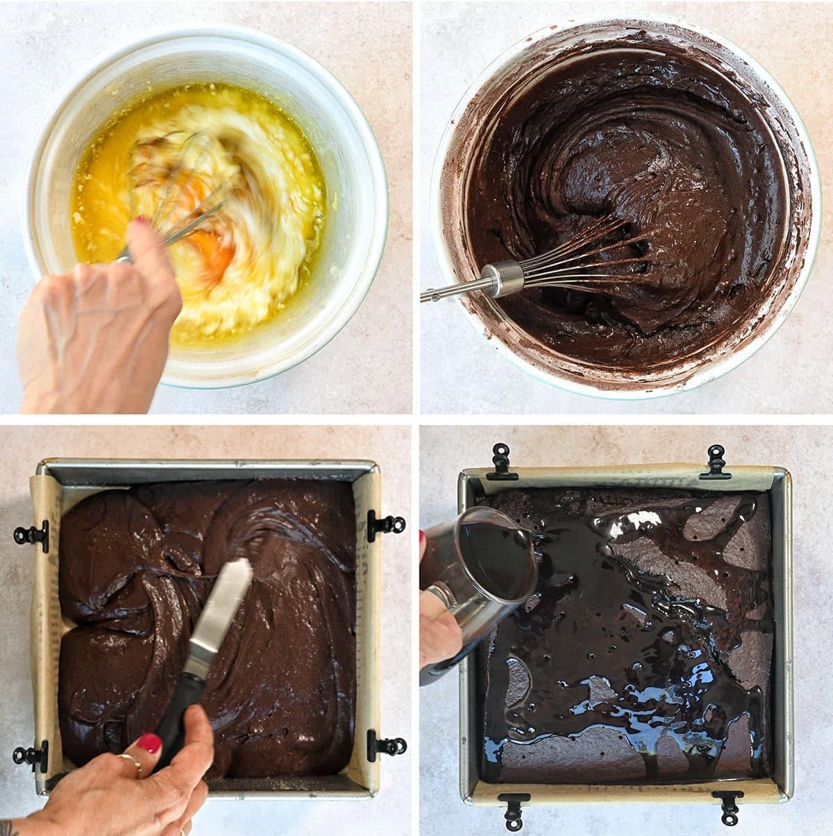 Four-step greek chocolate cake (sokolatopita) making process: whisking wet ingredients, mixing chocolate batter, spreading batter in a square pan, and pouring chocolate syrup over hot cake. Steps are shown in a sequence from top left to bottom right.