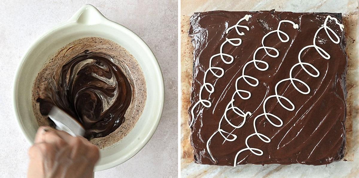 Left side: A person mixes chocolate ganache in a white bowl. Right side: A square chocolate dessert with icing spirals on top, set on a parchment-lined surface.