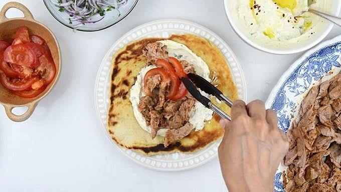 Making Greek lamb gyros pita