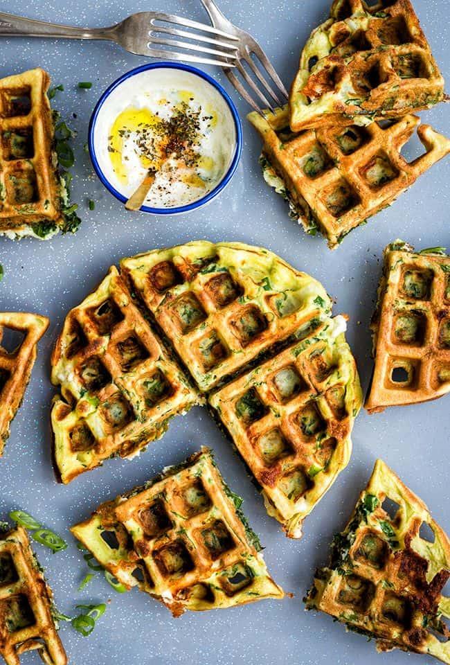 Greek Spinach Waffles with Tzatziki
