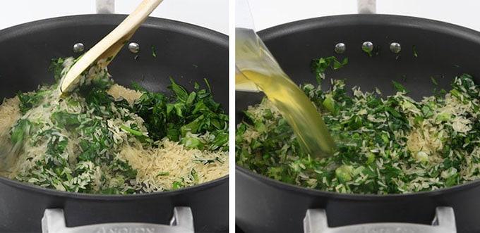 cooking spanakorizo in a chef's pan