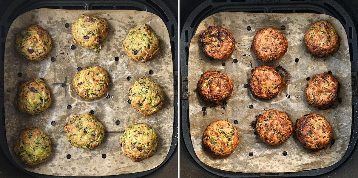 Side-by-side images show round courgette fritters on parchment paper in an air fryer basket: on the left they are raw, pale and greenish; on the right, these Greek Zucchini Balls (kolokithokeftedes) are cooked, darker, and browned.