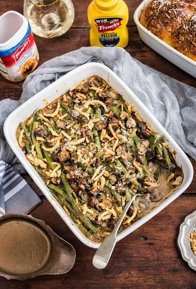 overhead view of green bean casserole in a ceramic dish