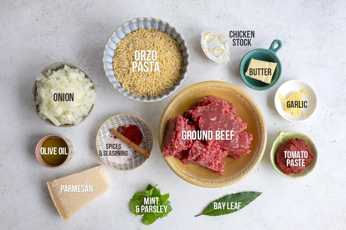 ingredients for Manestra with beef, labelled