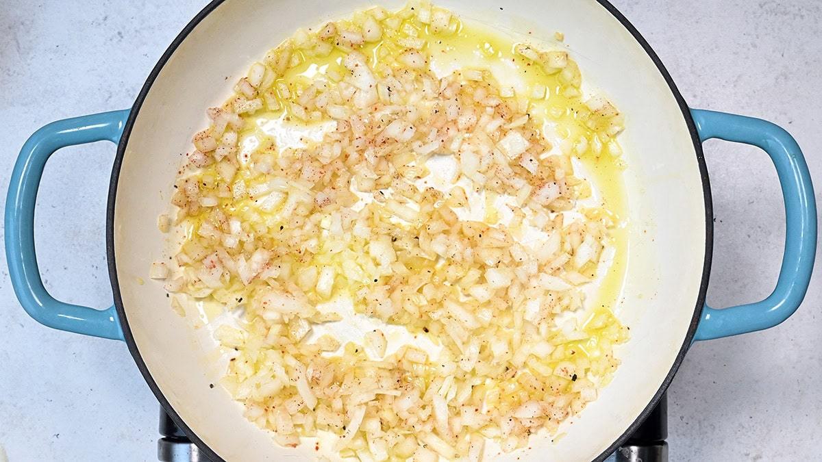 cooking onions in a casserole dish
