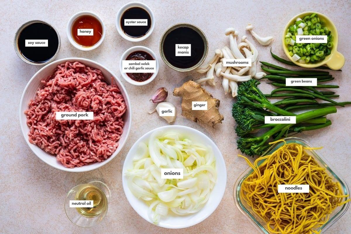 Top-down view of labeled ingredients for an Asian stir-fry: ground pork, onions, garlic, ginger, soy sauce, oyster sauce, kecap manis, honey, sambal oelek, mushrooms, green beans, broccolini, green onions, noodles, and neutral oil.