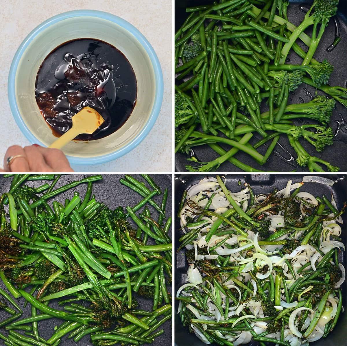 A collage of four images shows: mixing dark sauce in a bowl, fresh broccolini in a pan, broccolini being cooked, and sliced onions with cooked broccolini in a pan.