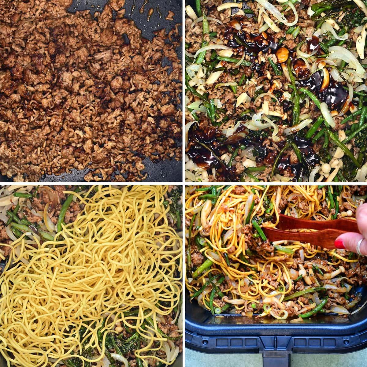 Four-step collage showing a noodle stir-fry being made: cooked ground meat in a pan, meat with vegetables and sauce, uncooked noodles added, and the finished stir-fry being mixed with chopsticks.