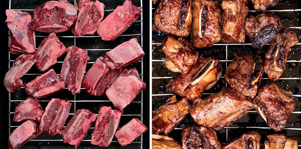 Split image: On the left, raw beef short ribs arranged on a metal rack; on the right, the same ribs are cooked, browned, and charred in the same arrangement on the rack.