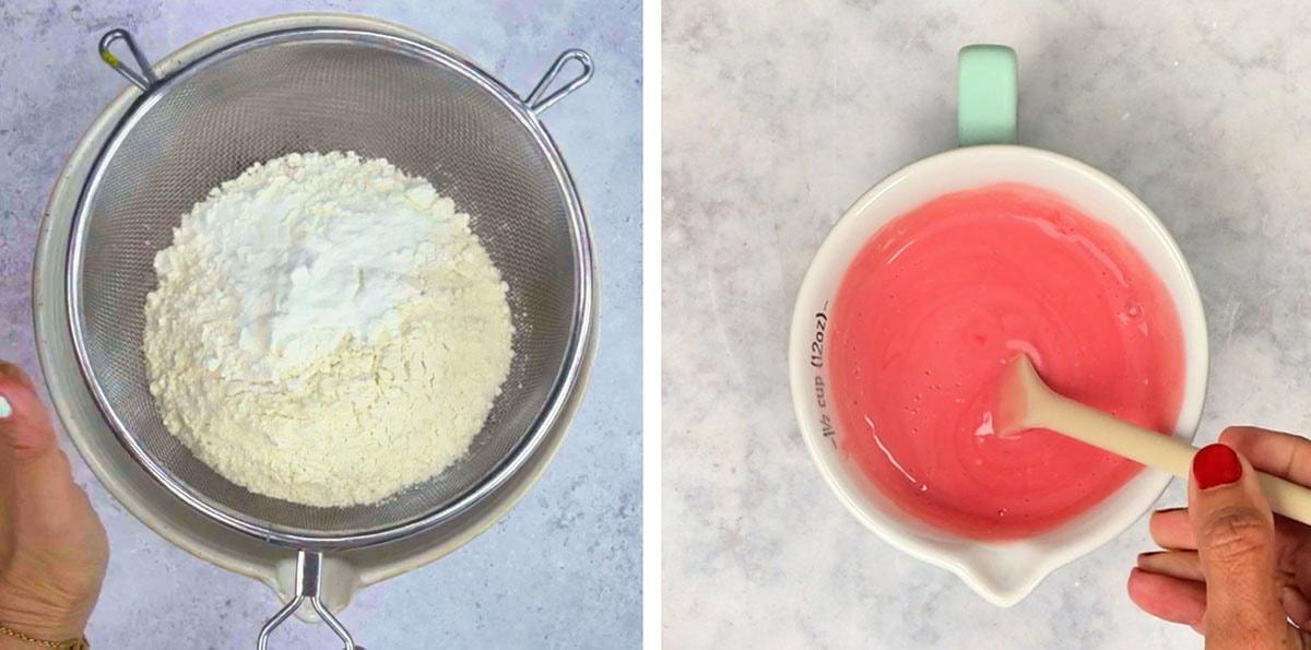 A metal sieve filled with the dry ingredients for a Halloween bone cake next to a measuring cup of red-tinted buttermilk being stirred with a spatula.