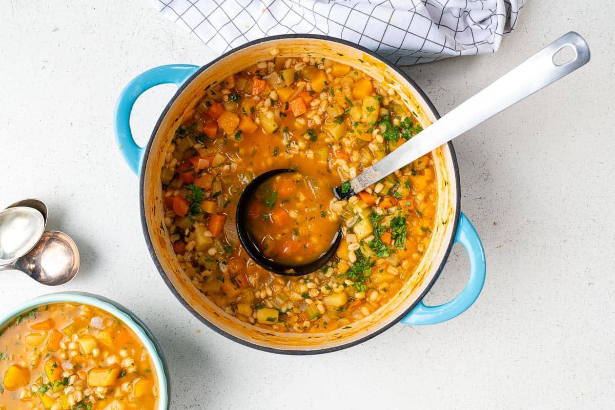 Pot of vegan vegetable and barley soup