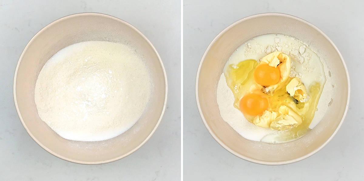 Collage showing the steps to making sponge cake