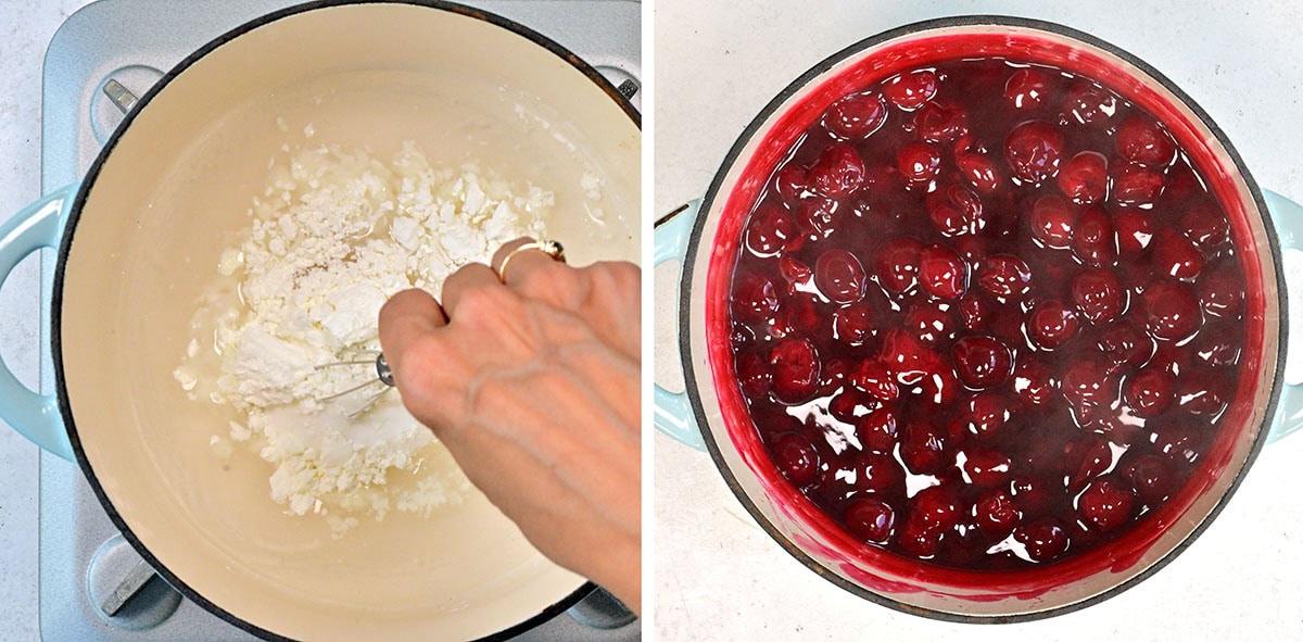 Split-image: On the left, a hand whisks white powder in a light-colored pot on a stove. On the right, a pot is filled with glossy red cherries in syrup, cooking.