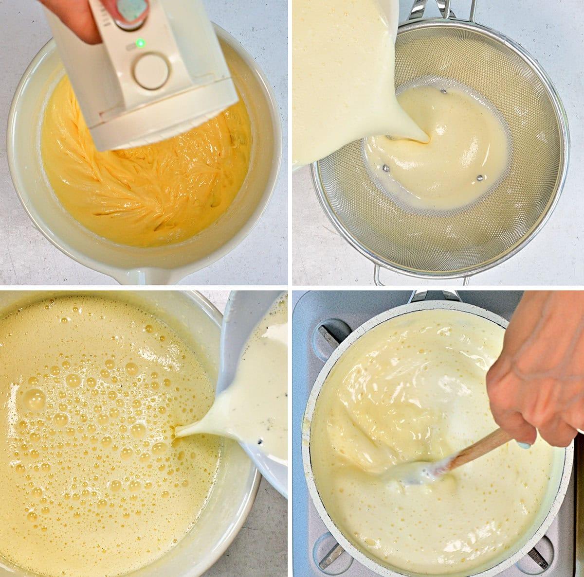 A four-step collage shows: mixing yellow batter with a hand mixer, pouring batter through a sieve, pouring strained batter into a pot, and stirring thickened batter with a wooden spoon on the stove.