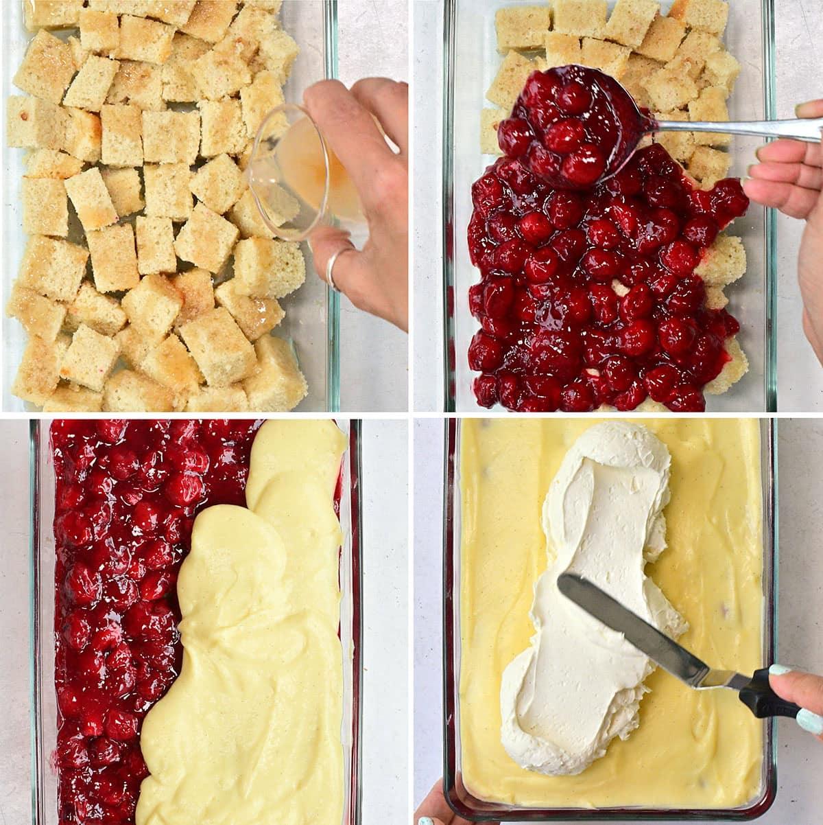 Four images show steps of assembling Heaven On Earth cake: layering cake cubes, adding cherry filling, spreading custard, and spreading whipped topping over the previous layers in a glass dish. Hands are seen performing each step.