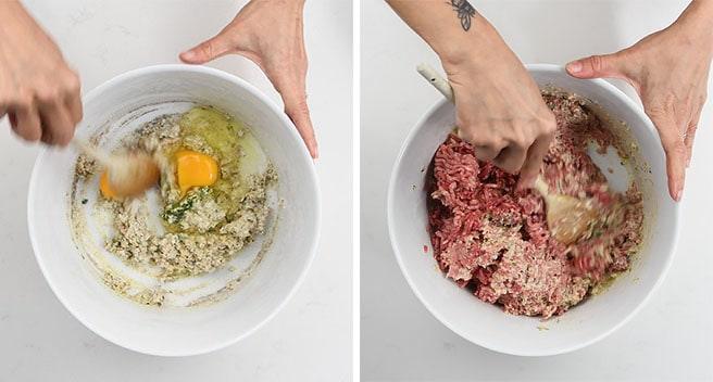 Two side-by-side images show hands mixing ingredients in a white bowl for Swedish Meatballs: on the left, eggs and breadcrumbs; on the right, ground meat added to the mixture and stirred together before making a creamy gravy.