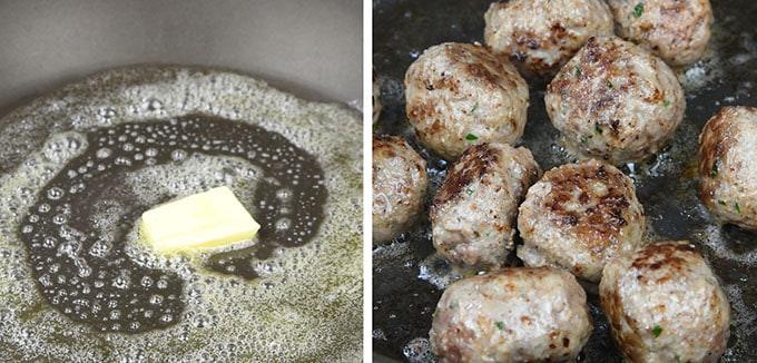 On the left, a pat of butter melts and sizzles in a pan. On the right, Swedish Meatballs brown in bubbling oil and cooking juices, ready to be coated in creamy gravy.