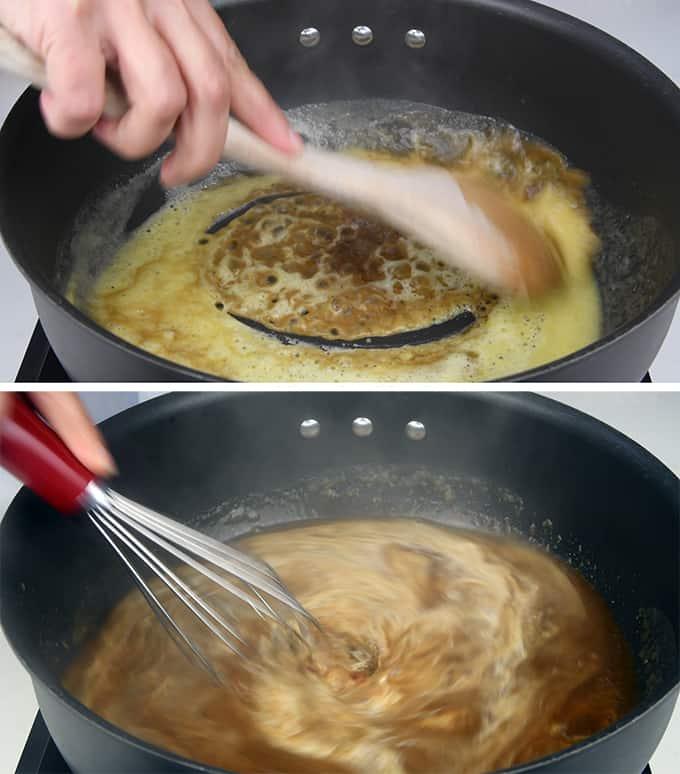 Two images: Top, a hand stirs a bubbling creamy gravy in a black pan with a wooden spoon. Bottom, a hand whisks the same pans mixture – ideal for classic Swedish Meatballs – creating a swirling motion.