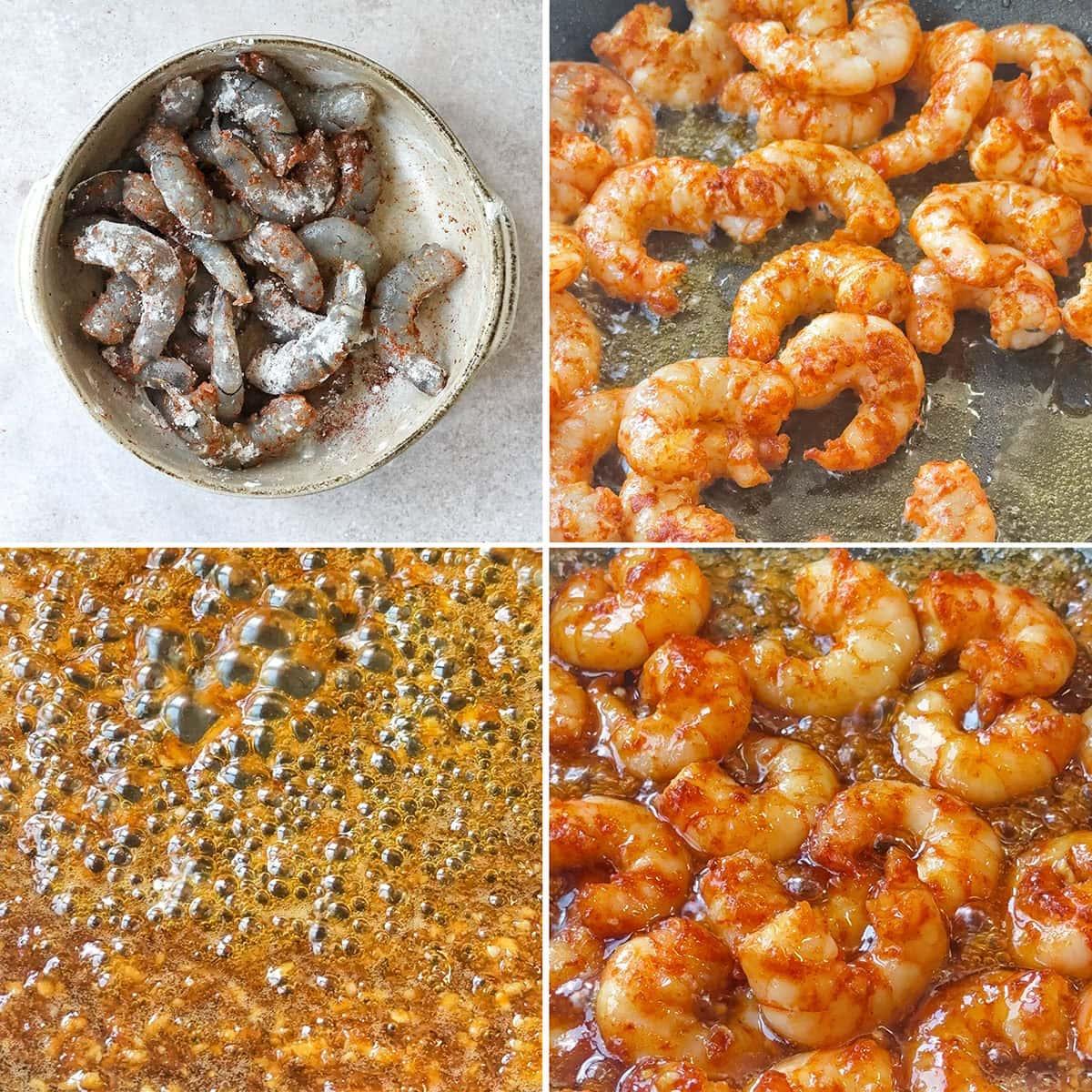 A four-panel image: raw shrimp coated in spices, shrimp cooking in a pan, a bubbling orange sauce, and cooked shrimp coated in the sauce.