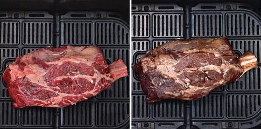 Side-by-side comparison of a raw ribeye steak (left) and a cooked ribeye steak (right), both placed in an air fryer basket. The raw steak is red and marbled, while the cooked steak is browned.