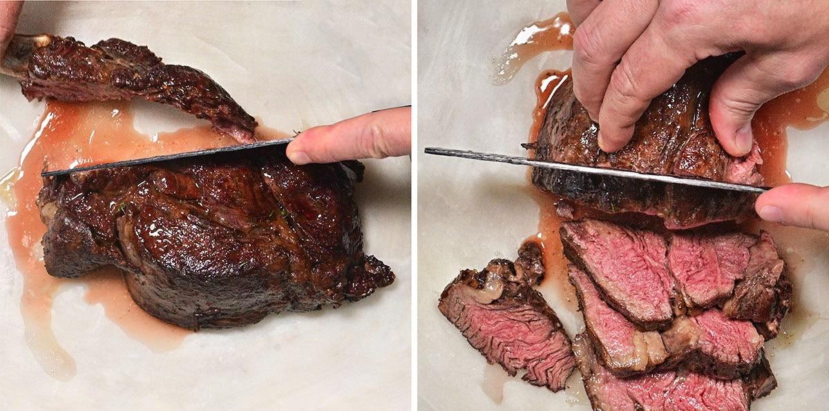 Two images side by side show hands slicing a cooked steak; the left image shows cutting with the grain, and the right image shows cutting against the grain, resulting in juicier, tender slices.