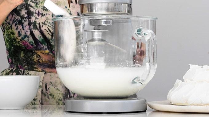 Adding sugar to meringue in a stand mixer