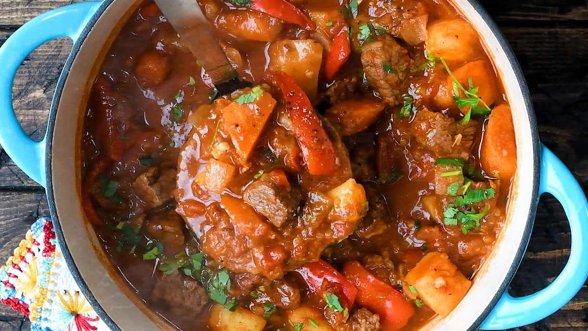 Close-up of finished Hungarian goulash with tender beef, potatoes and peppers