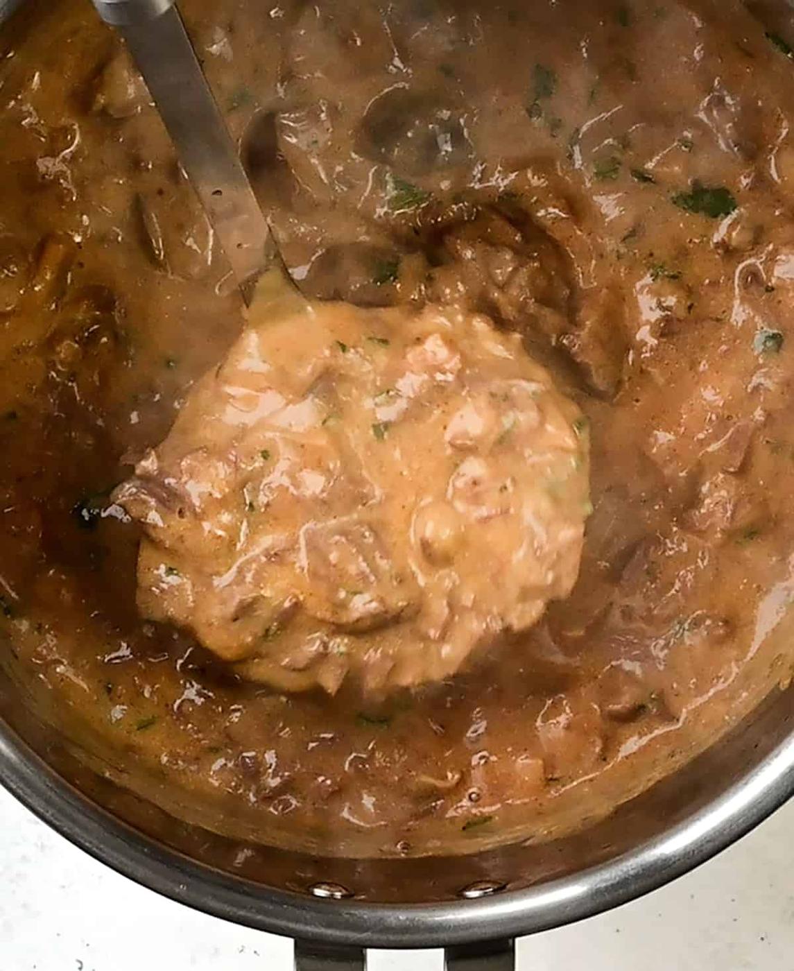 Close up on an Instant Pot containing Beef stroganoff