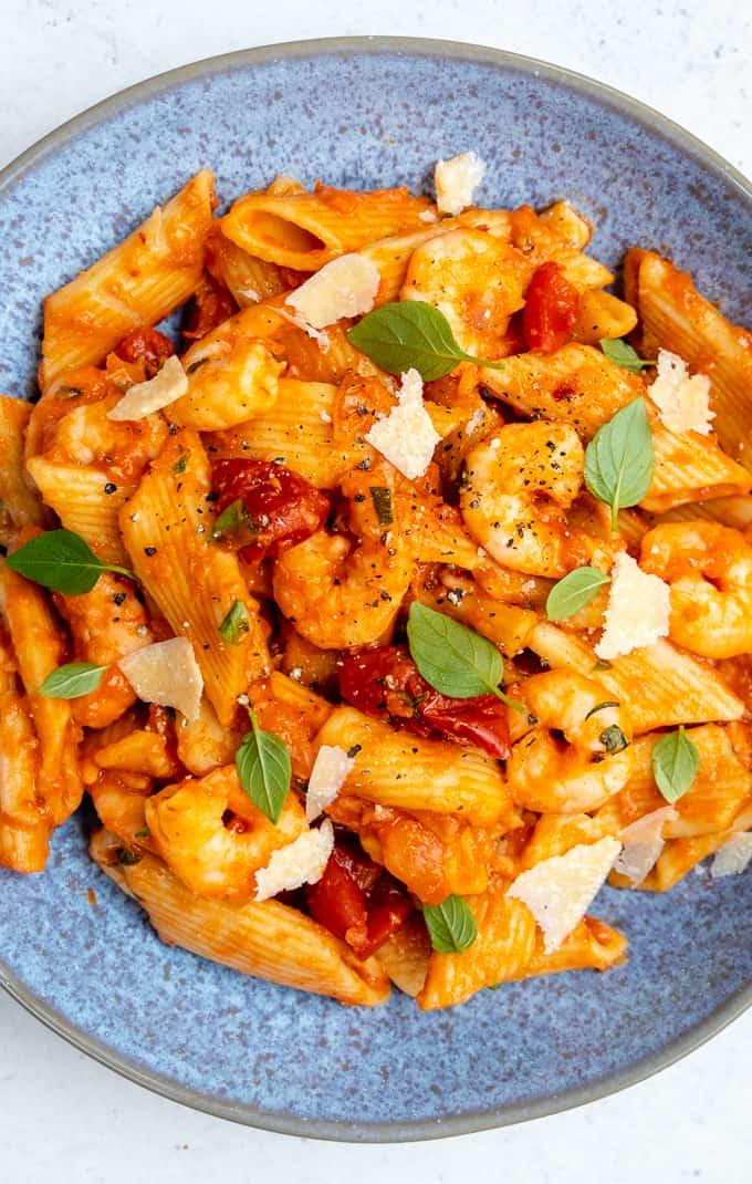 Close up of spicy prawn arrabbiata in a bowl
