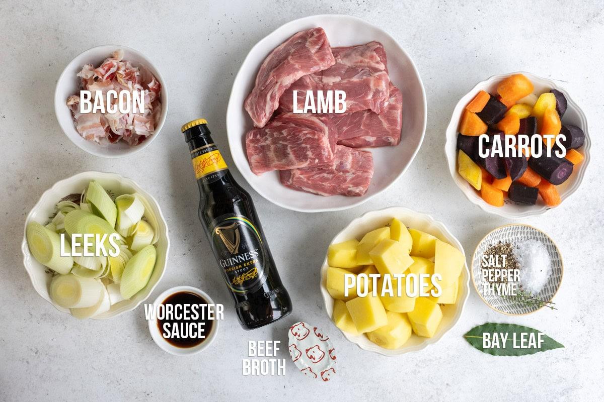 ingredients for Irish lamb stew, labelled