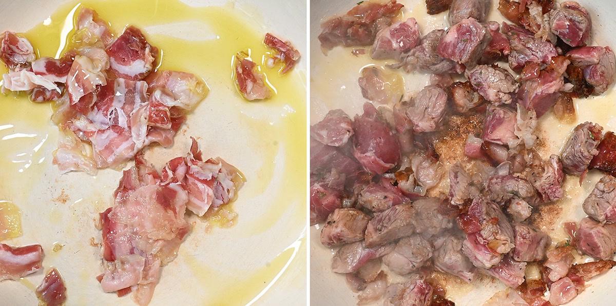cooking bacon (left) and browning lamb (right)