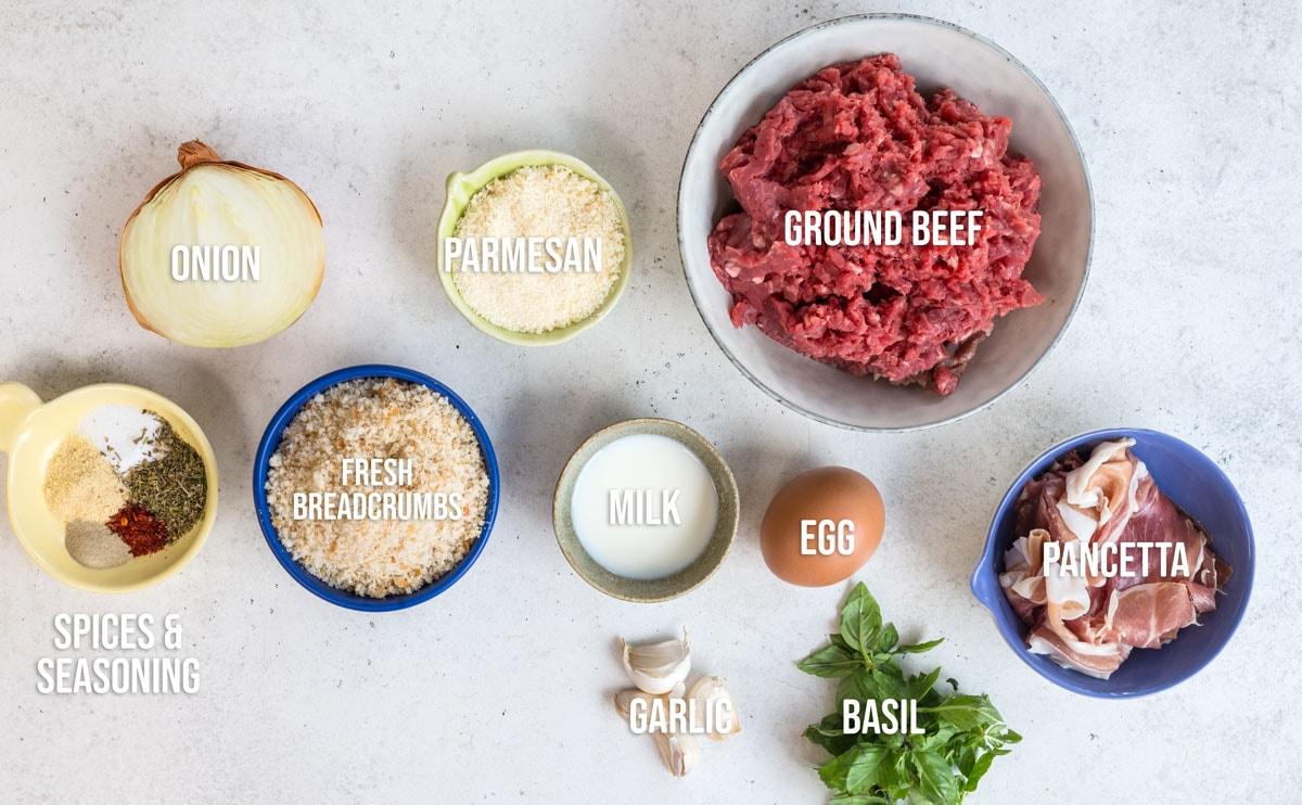 A top-down view of labeled ingredients on a light surface, including ground beef, onion, parmesan, pancetta, milk, egg, basil, garlic, fresh breadcrumbs, and a bowl of spices and seasoning.