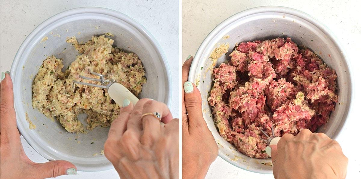 Side-by-side images show hands mixing meatball ingredients in metal bowls: the left bowl contains a breadcrumb and seasoning mixture, while the right bowl contains the same mixture with raw ground beef being combined.
