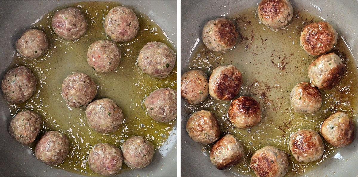 Two side-by-side images show meatballs cooking in a pan: the left side displays raw meatballs in oil, while the right side shows the same meatballs browned on the outside as they cook.