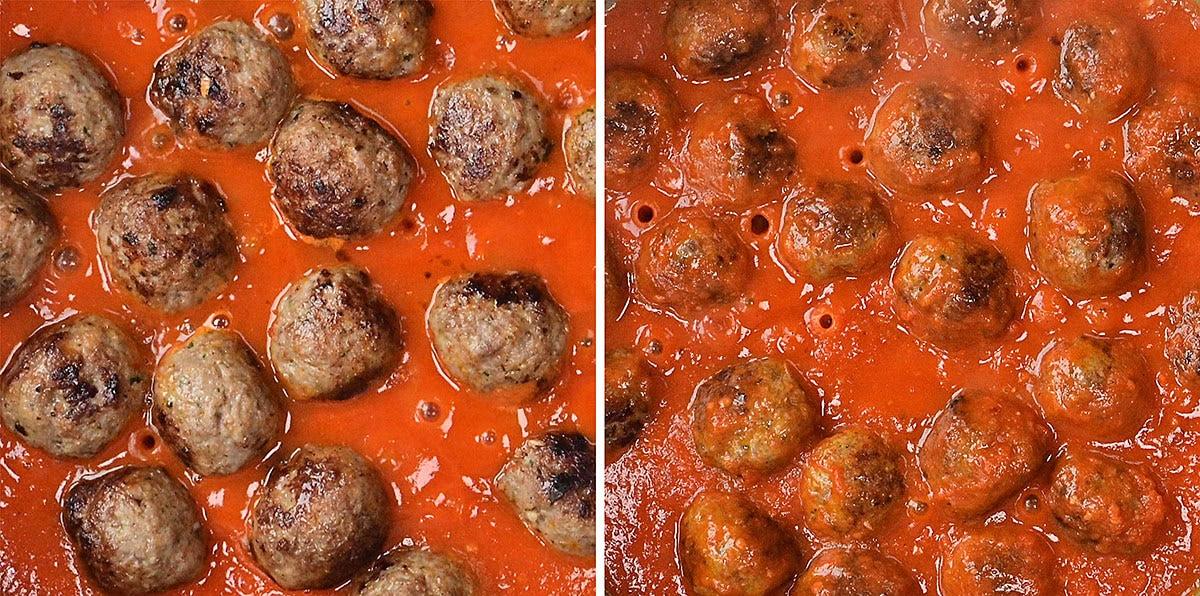 Split image showing two pans of meatballs simmering in red tomato sauce. The left side has browned meatballs with a thicker sauce, while the right side has smaller, more evenly coated meatballs in a thinner sauce.