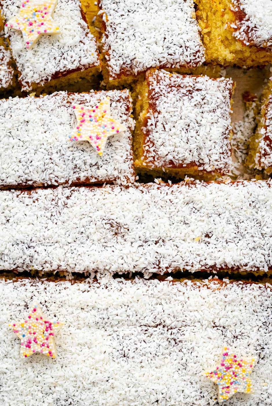 overhead shot of jam and coconut tray bake sliced