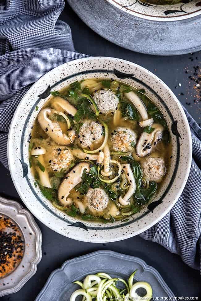 Miso Soup with Turkey Meatballs and Zoodles