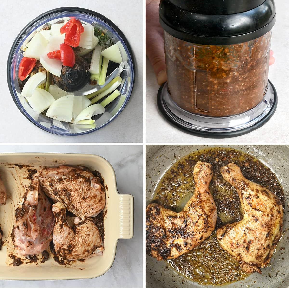 A four-panel collage shows: 1) chopped onions, tomatoes, and herbs in a food processor; 2) hand pulsing the ingredients into a paste; 3) marinated chicken legs in a baking dish; 4) seasoned chicken cooking in a skillet.
