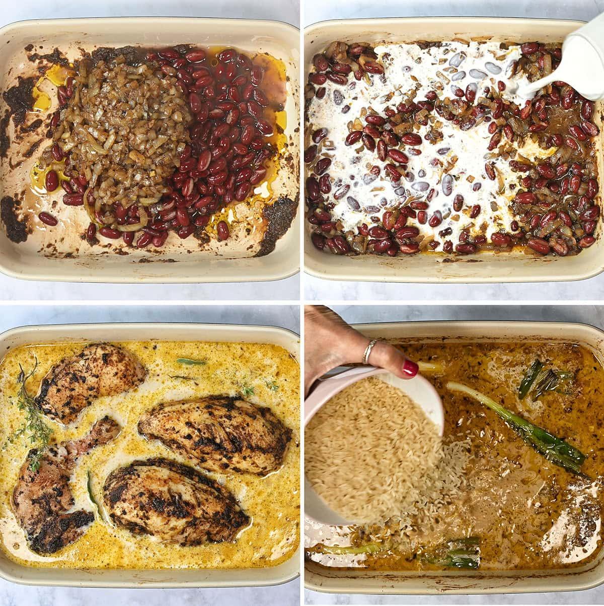 Four-step jerk chicken rice and peas recipe process: sautéed onions and kidney beans in a baking dish, cream being poured over beans, seasoned chicken breasts added with herbs, and dry rice being poured into the creamy mixture.