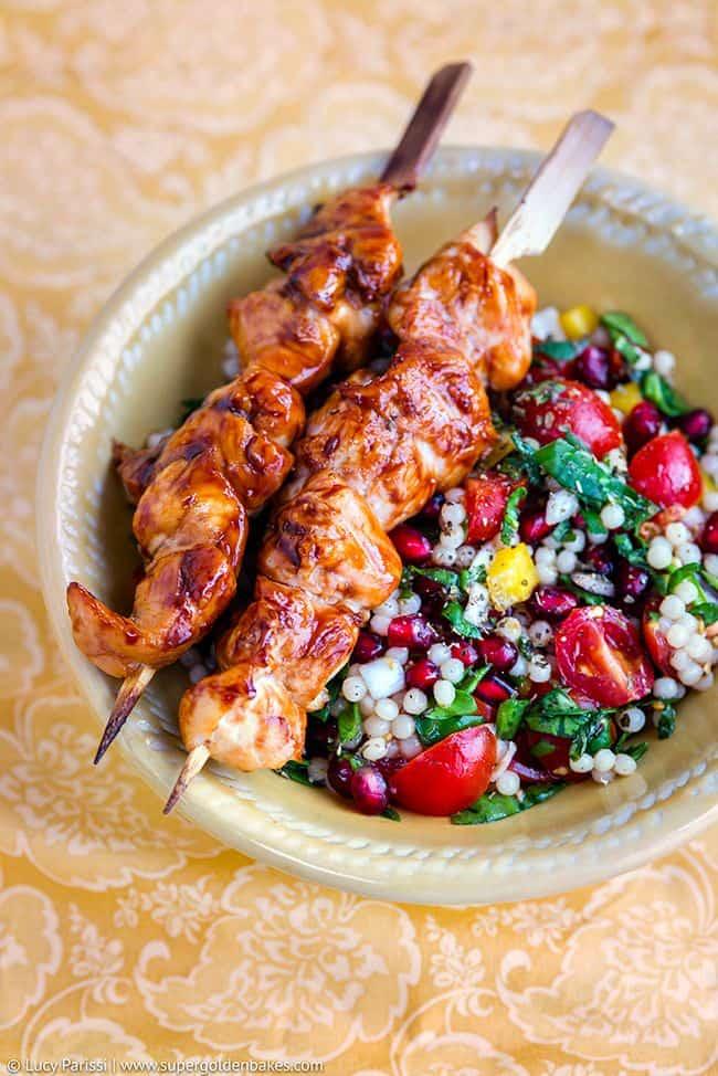 Jewelled Giant Couscous with Grilled Chicken Skewers