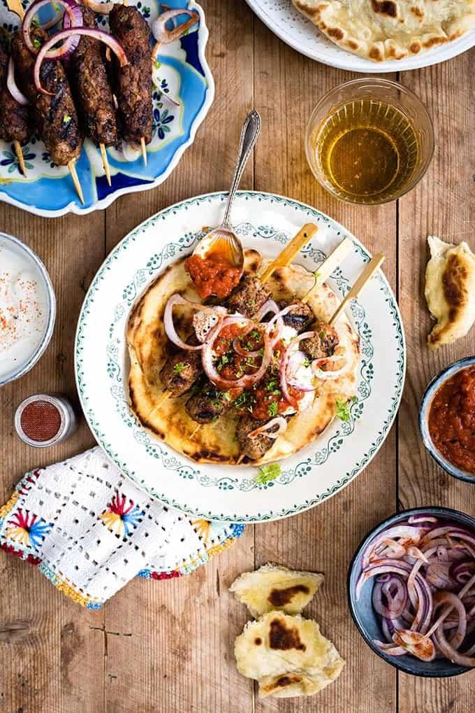 Lamb giaortlou kebab with tomato sauce and Greek yoghurt